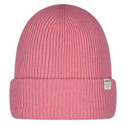 Pink knit beanie on a white background