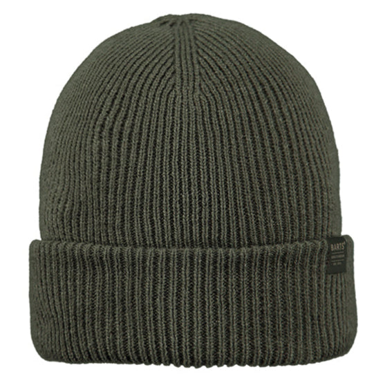 Green knit beanie on a white background