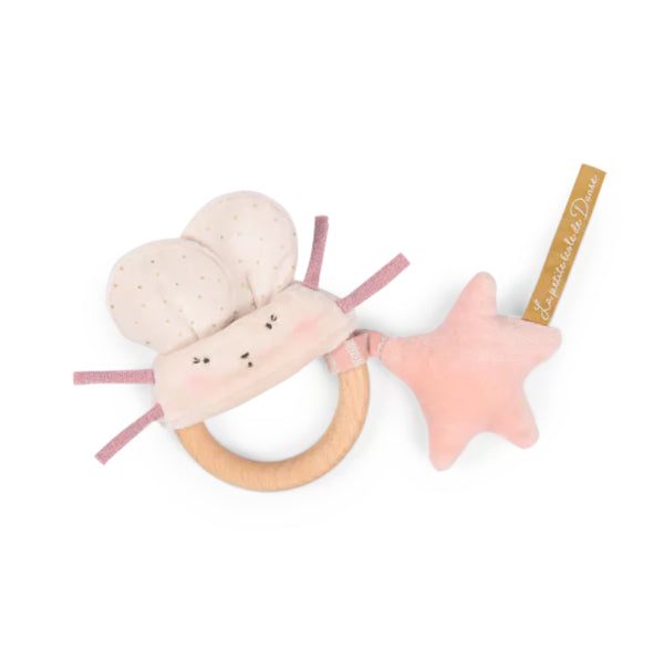 Pink Mouse 19cm Wooden Ring Rattle