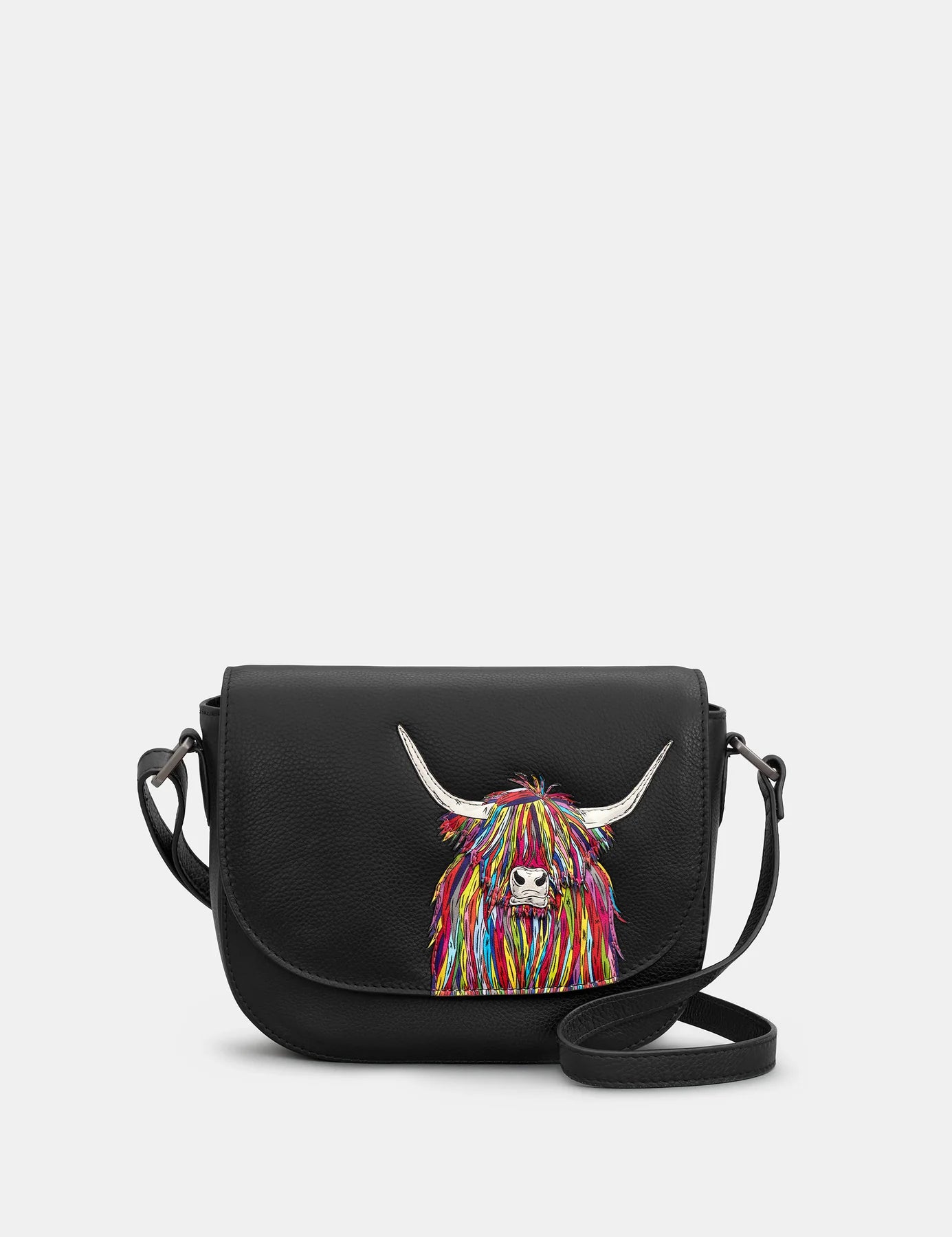 Black Rainbow Highland Cow Flap Over Cross Body Bag