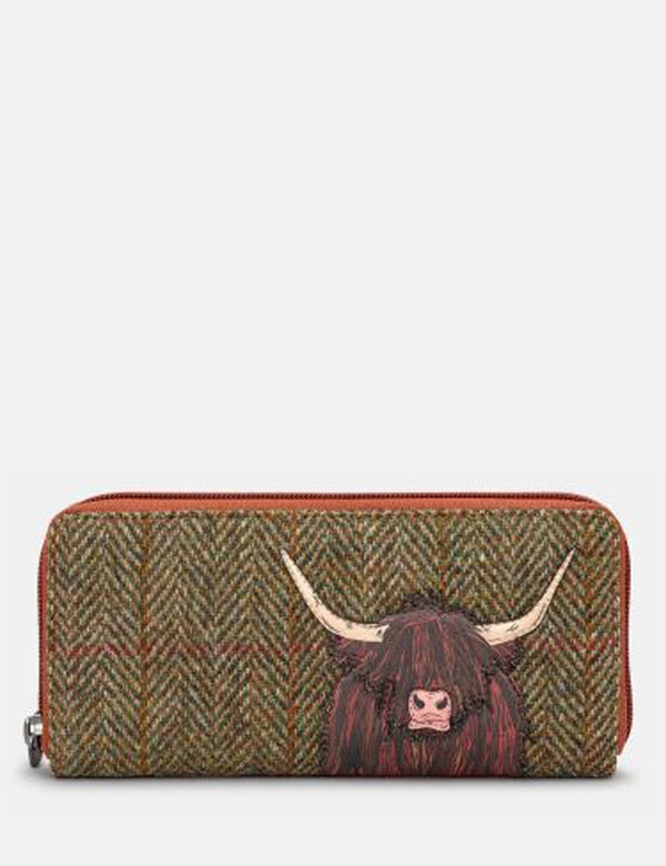 Tweed Highland Cow Zip Around Purse